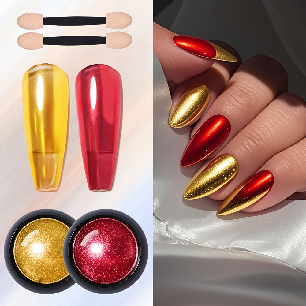 Magic Mirror Two-color Powder Dipping Set! Golden and red glitter + mirror super bright, with sponge brush, create noble high-end nail special effects, long-lasting without peeling off! One box can achieve advanced makeup eff