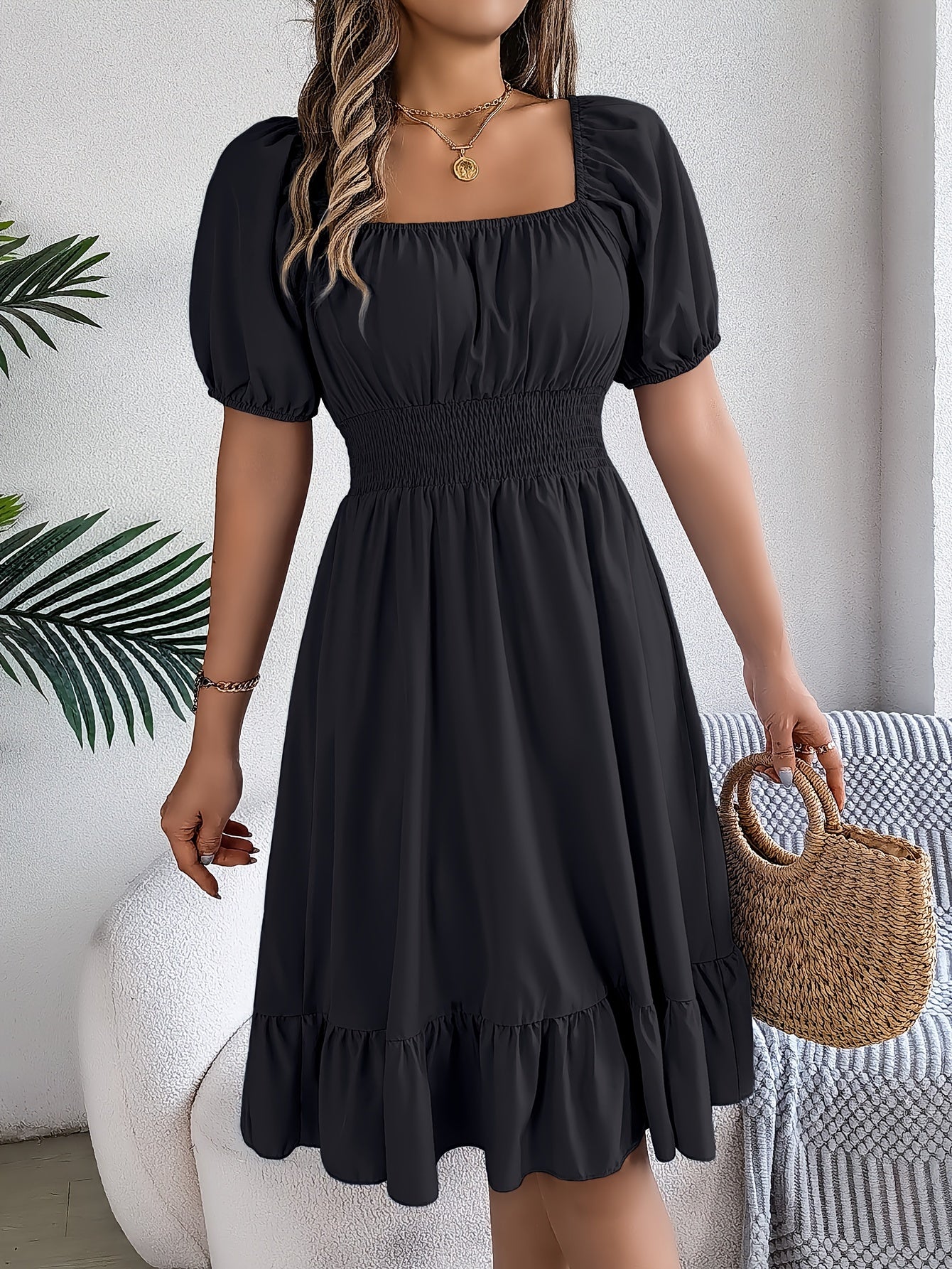 1pc Women'S Elegant Square Neck Short Sleeve A-Line Dress with Ruffle Detail, Polyester Woven Fabric, Solid Color, Spring/Summer/Autumn Collection