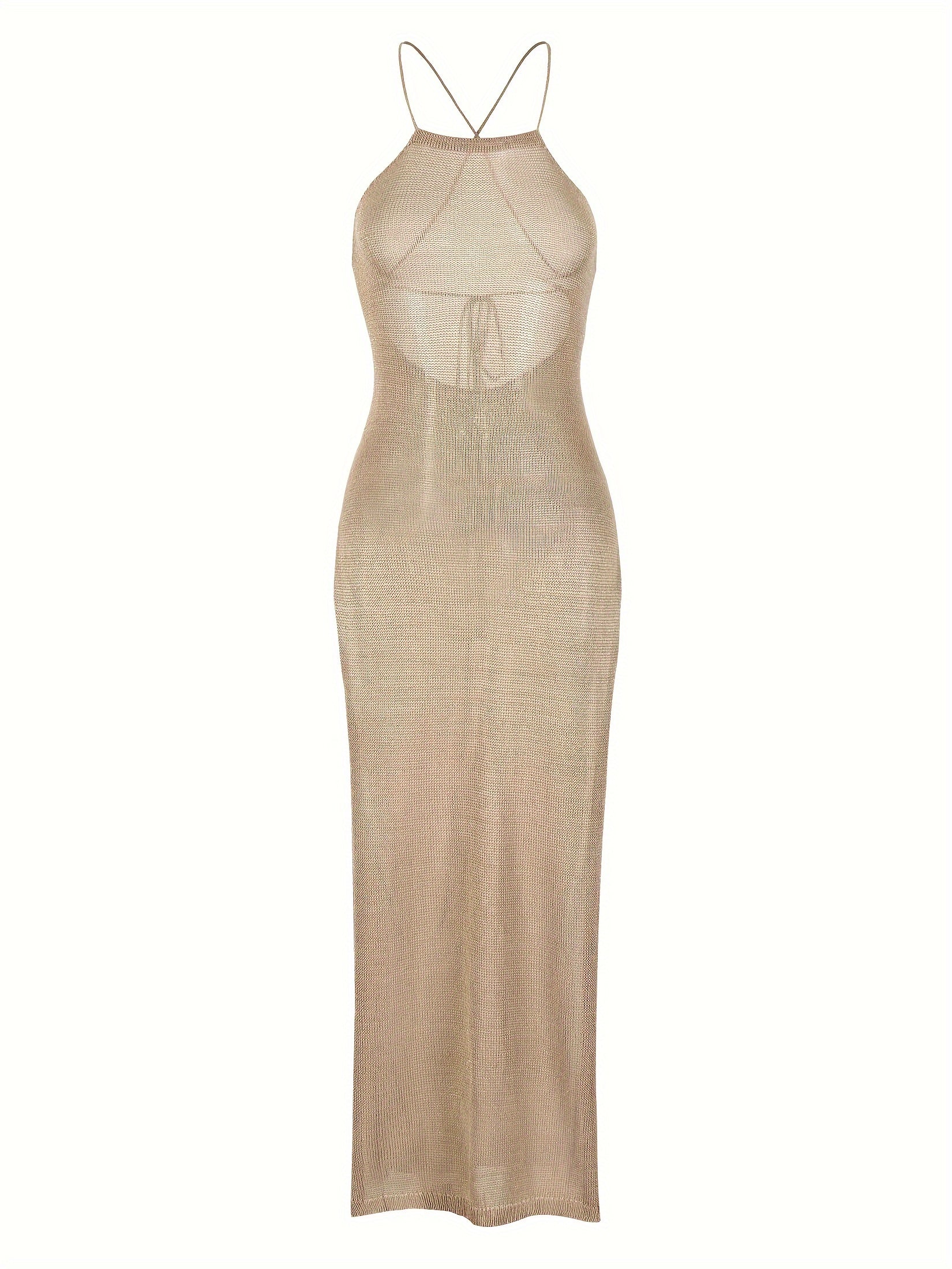 EDOLYNSA Women's Halter Neck Tie-Backless Swimsuit Cover Up Dress - High Slit Bodycon Stretchy Knit Beach Holiday Elegant Swimsuit Cover Up for Poolside & Summer Outings