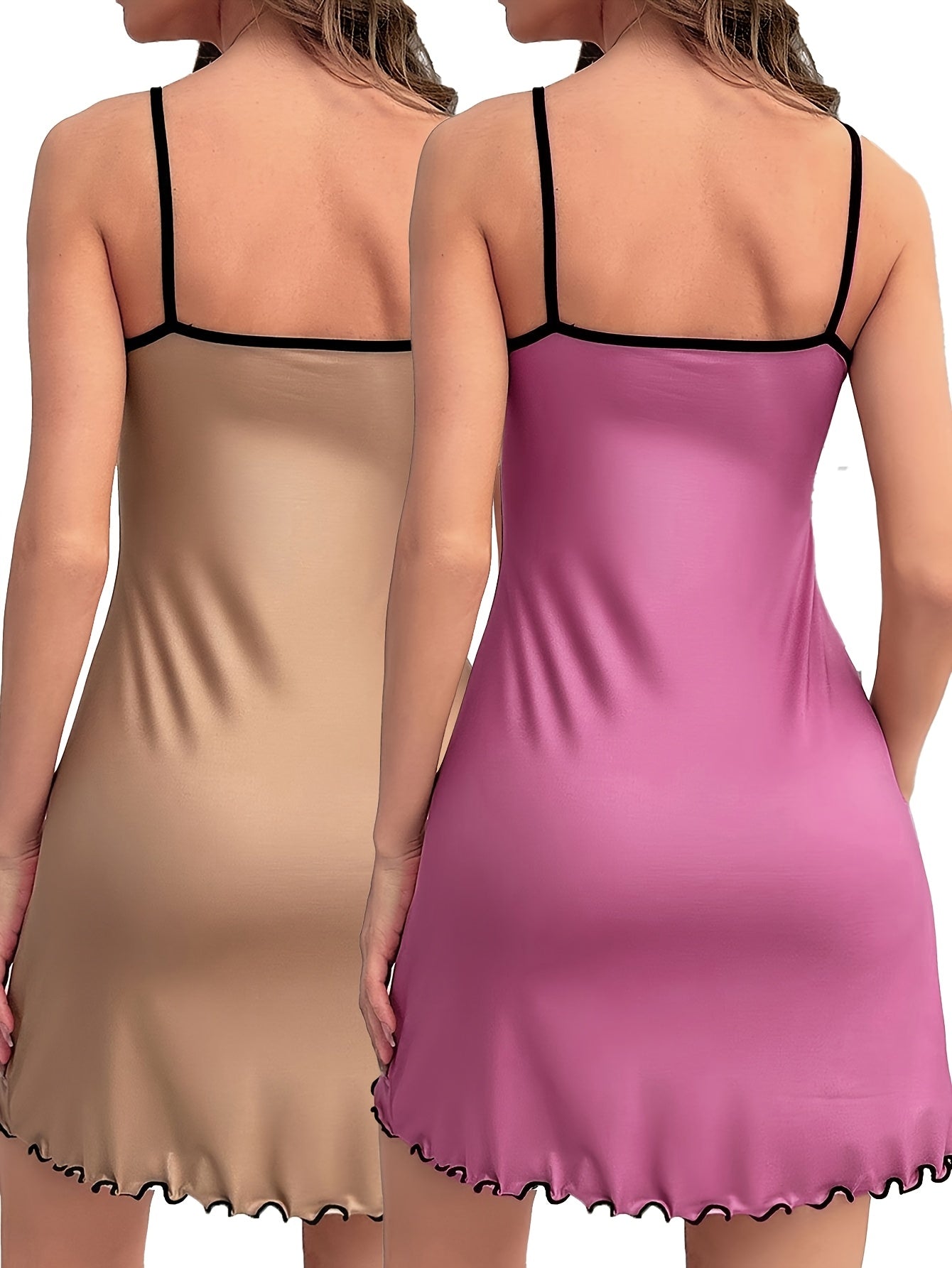 Two Pieces of Bear Print Pajamas, a Round-Neck Ruffled Edge Backless Camisole Dress, Women'S Sleepwear.