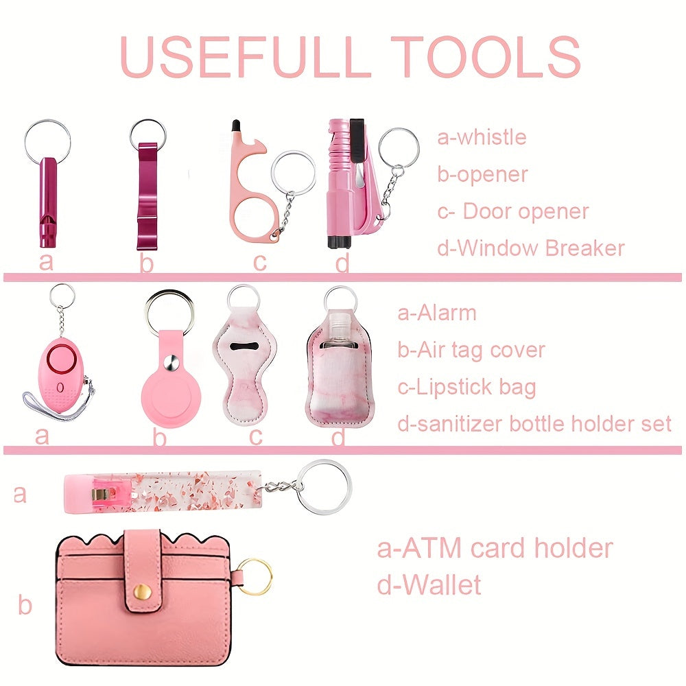 17pcs Women'S Safety Keychain Set with Personal Alarm, Friendship Love Theme, Oblong Shape, Snap Hook Closure, Floating Feature, Button Battery Included, Ideal Holiday Gift