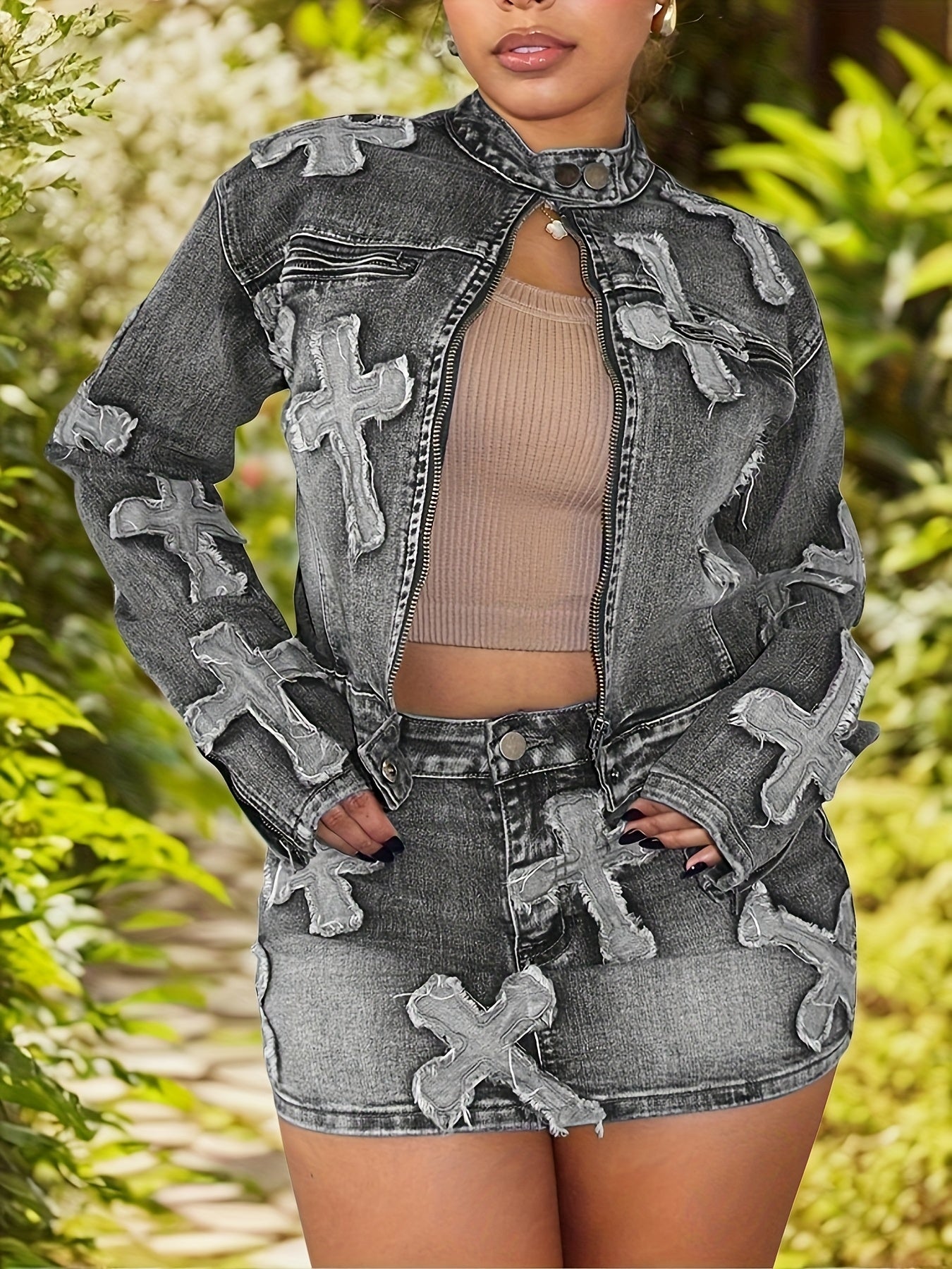 Skirt Sets Women 2pcs Outfits Denim Long Sleeve Full Zip Embroidery Crop Jean Jacket Mini Skirt Set