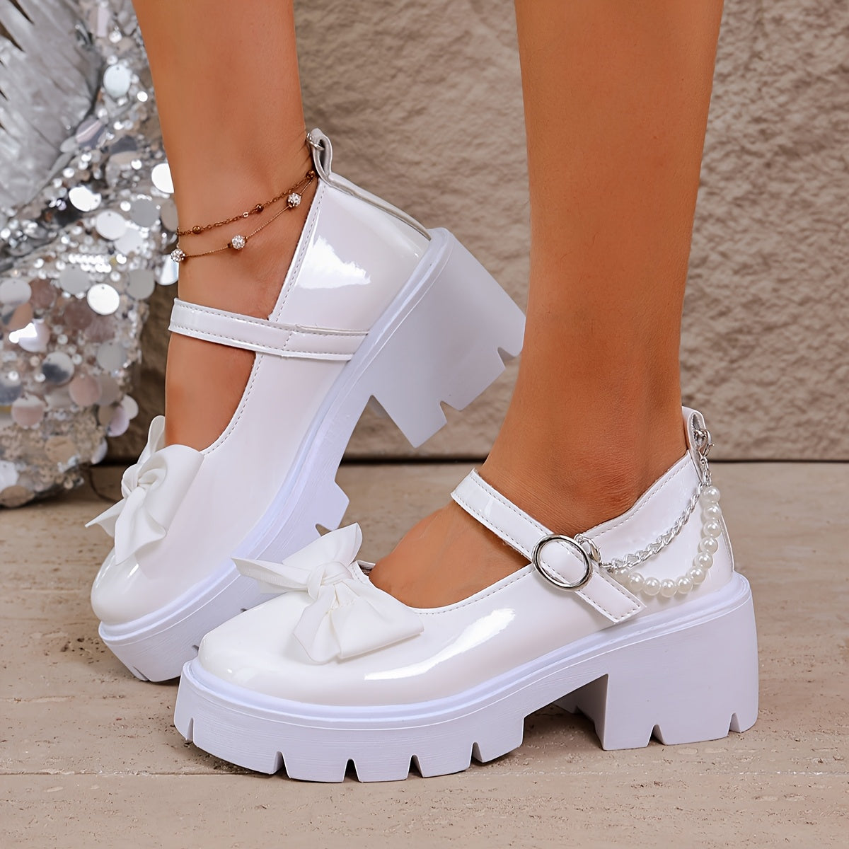Women’s Pearl-Embellished Patent Penny Loafers – Chunky Round Toe Slip-On Shoes with Glitter Detail & PVC Sole, Mesh Lined, All-Season Fashion Footwear