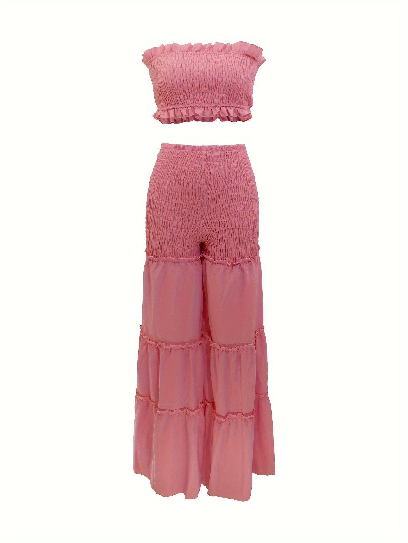 Elegant V-Neck High-Waist Wide Leg Two-Piece Set with Ruched Detail - Sexy Corset & Strapless Top, Polyester Blend, Perfect for Spring/Summer, Chic Outfit|Vneck Top|Polyester Blend