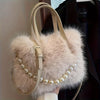 Chic Faux Fur Crossbody Bag with Pearl Accents - Soft Plush Shoulder Purse for Women, Available in Pink, Khaki, Coffee, White, Black