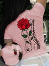 Vibrant Rose Print Short Sleeve Crew Neck T-Shirt - Soft, Breathable, Relaxed Fit, Casual Summer & Spring Top for Women - Perfect for Outdoor Activities, Daily Wear, and Gift Idea
