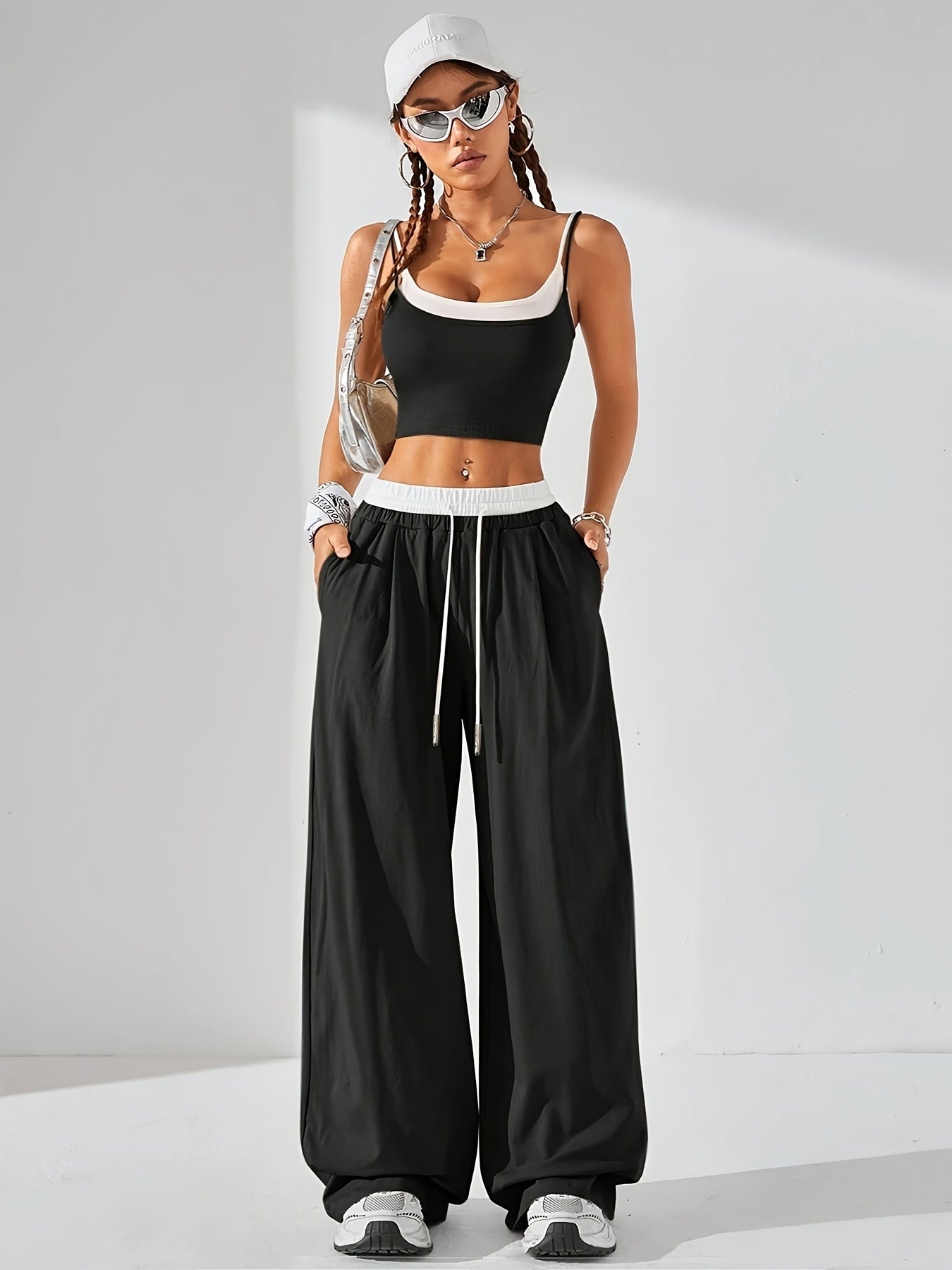 Chic Spring/Summer Two-in-one Contrast Color Cami Top with Color Block Wide-Leg Pants for Women - Polyester, Drawstring, Elegant Urban Style