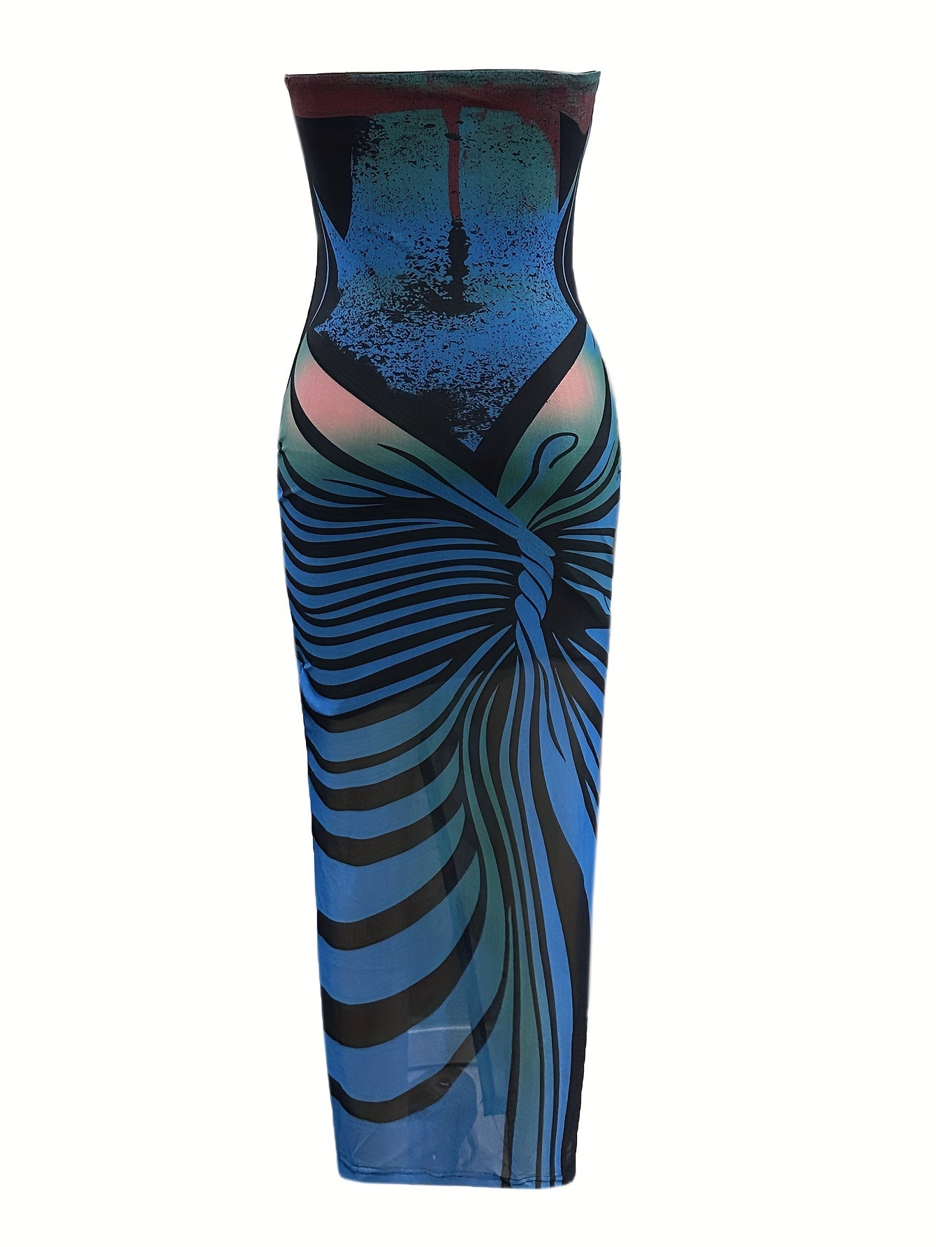 Women'S Sexy Strapless High Slit Maxi Dress, Summer Knit Fabric with Stripe Pattern, 95% Polyester 5% Elastane, Mesh Bandeau Style, 175g/m² Lining Weight, 100g/m² Fabric Weight