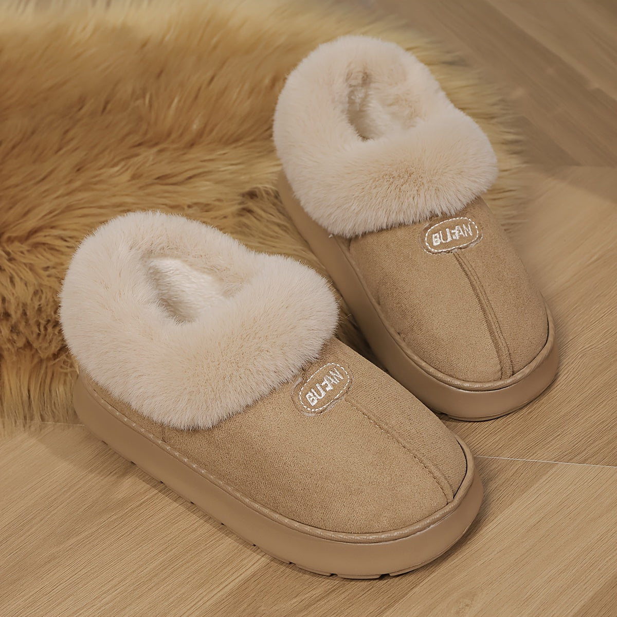 Women'S Preppy Solid Color Slip on Furry Slippers, Soft Warm Plus Fleece House Shoes with Round Toe, EVA Sole, Fabric Upper and Inner Material, Casual All-season Slippers