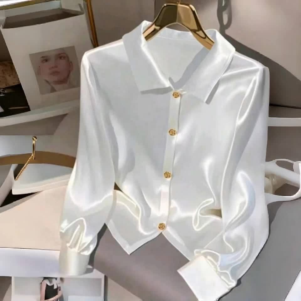 Women's Elegant Solid Color White Satin Blouse with Golden Button Details - Long Sleeve, Large Lapel Collar, Non-Sheer, Machine Washable, All-Season Casual Wear, Ladies Blouses