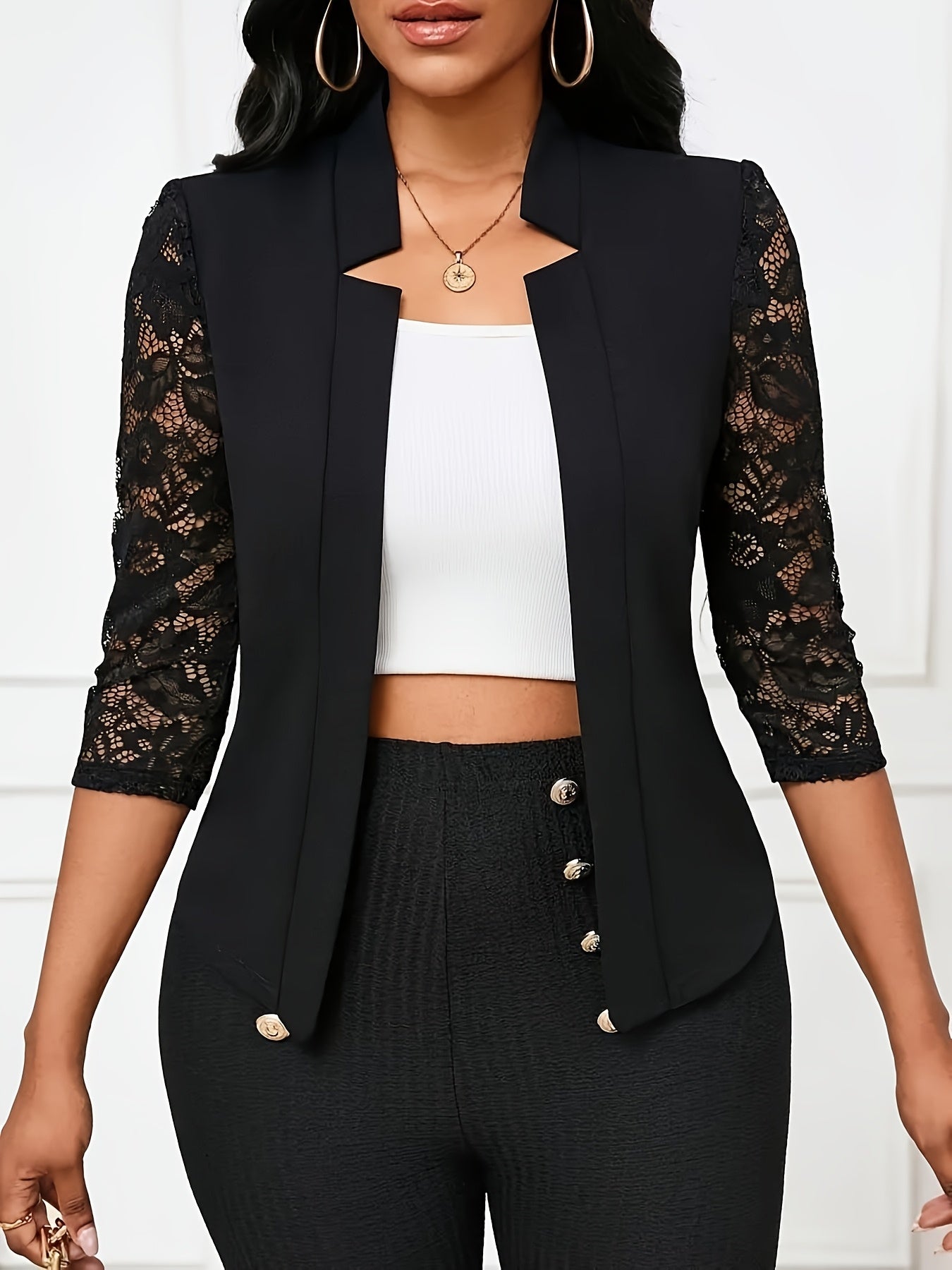 Elegant Women'S Open-Front Bomber Jacket with Lace Trim - Casual Commute Style, Machine Washable Polyester, Buttonless Front, Solid Color, Regular Fit for Spring/Summer