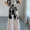 Elegant Floral Print Short Sleeve Long Palazzo Culottes with Belt for Adult, Going Out, Spring/Summe