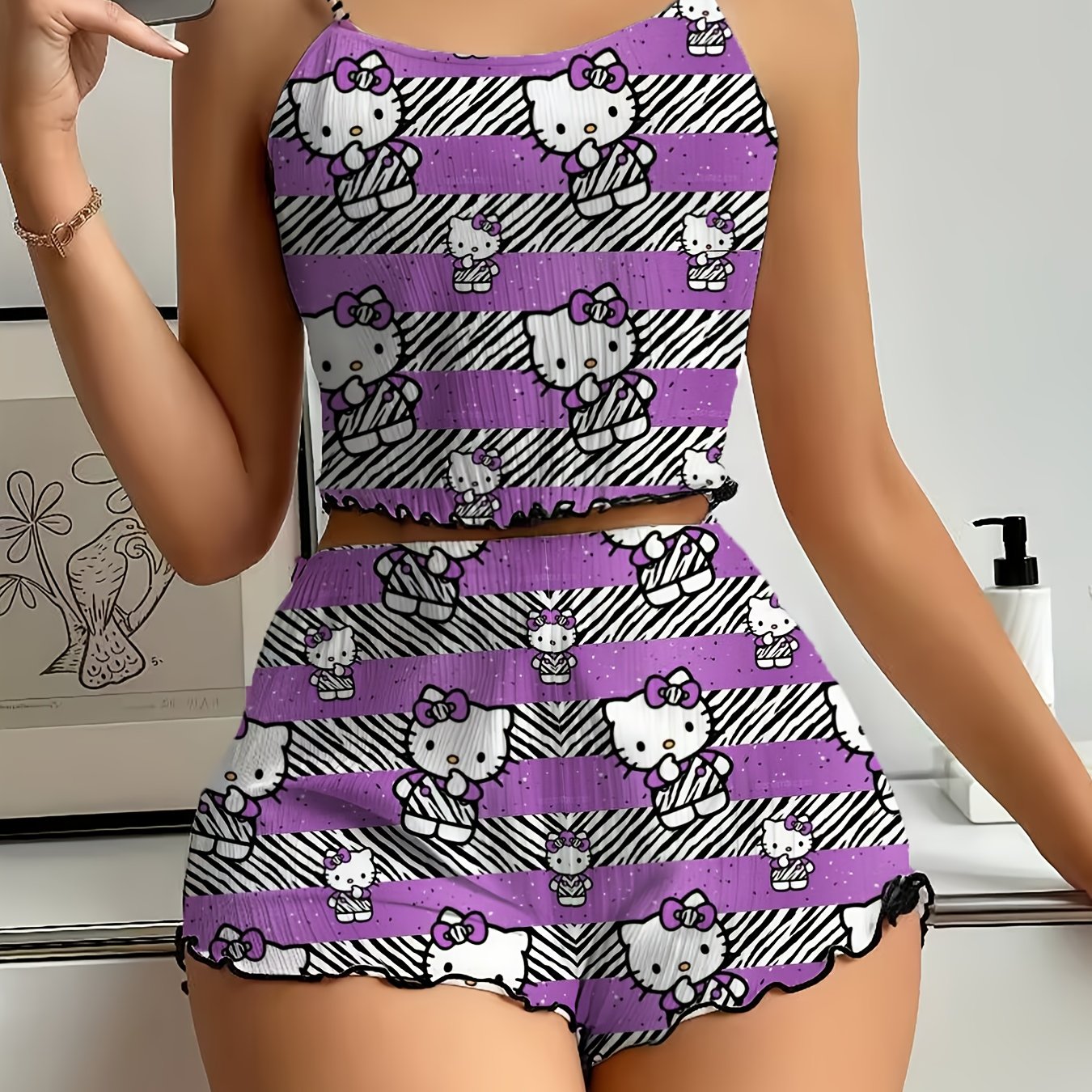 Sanrio for hello kitty Women'S Shorts Set - Elegant Off-Shoulder, Cartoon Print, Polyester Knit Pajamas with Ruffle Detail, All-Season Comfort, Adult Sleepwear, Shorts Set|Playful Print|Polyester Fabric