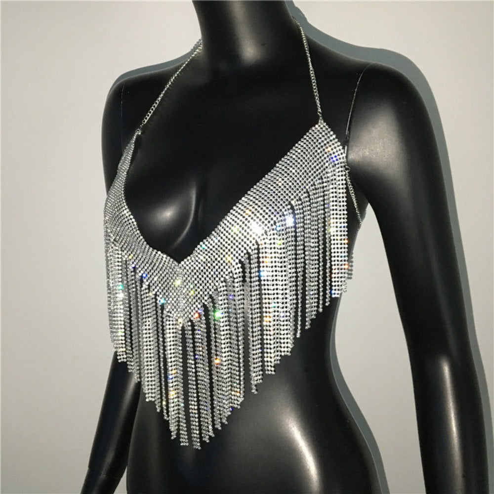 Glamorous Golden-Tone Rhinestone Tassel Necklace - Luxurious Alloy Crop Top with Sparkling Fringe Detail, Perfect for Parties & Celebrations