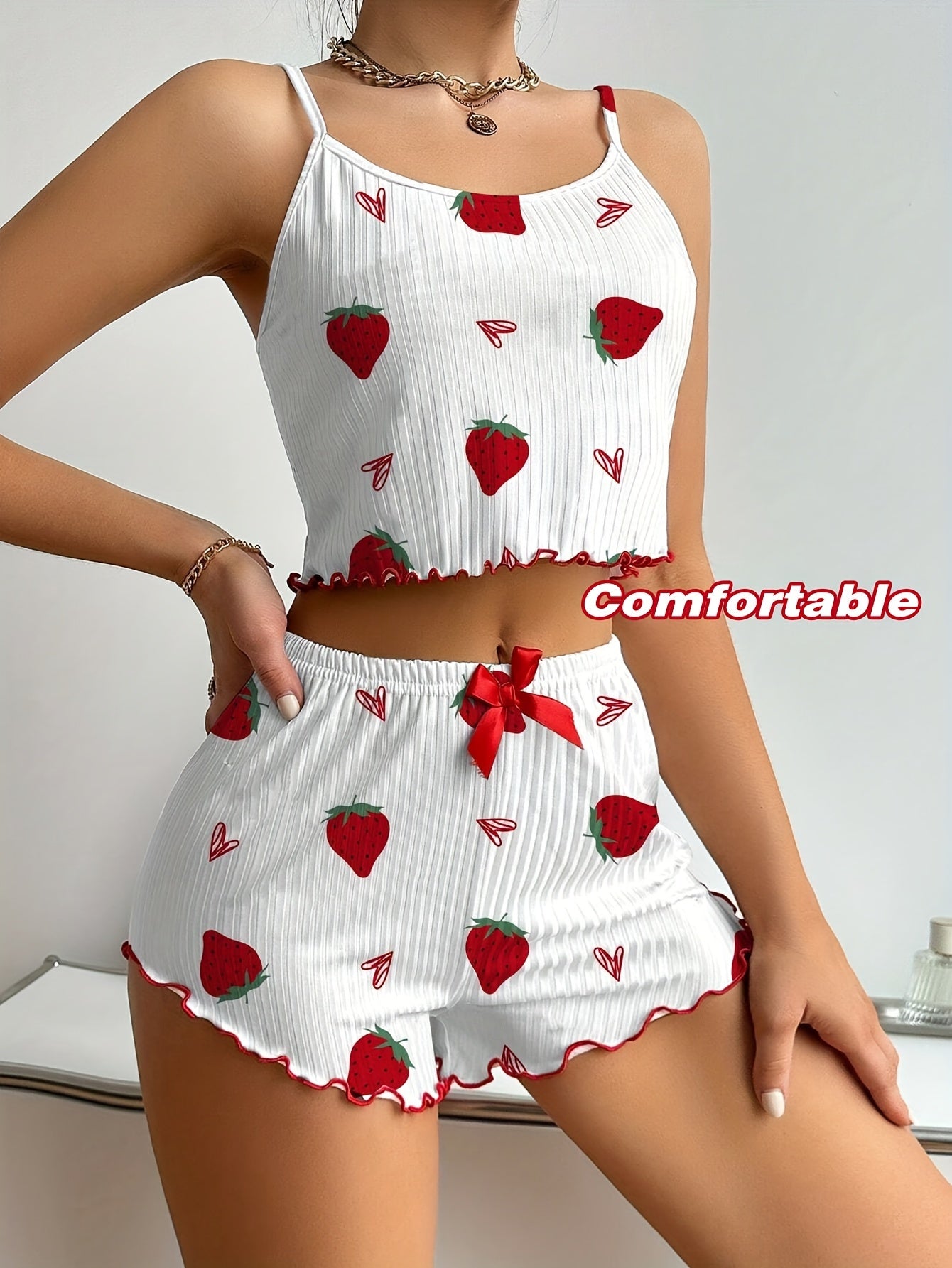 Women's Strawberry Print Sexy Ribbed Frill Trim Pajama Set, Round Neck Backless Crop Cami Top & Shorts, Comfortable Relaxed Fit, Summer Nightwear