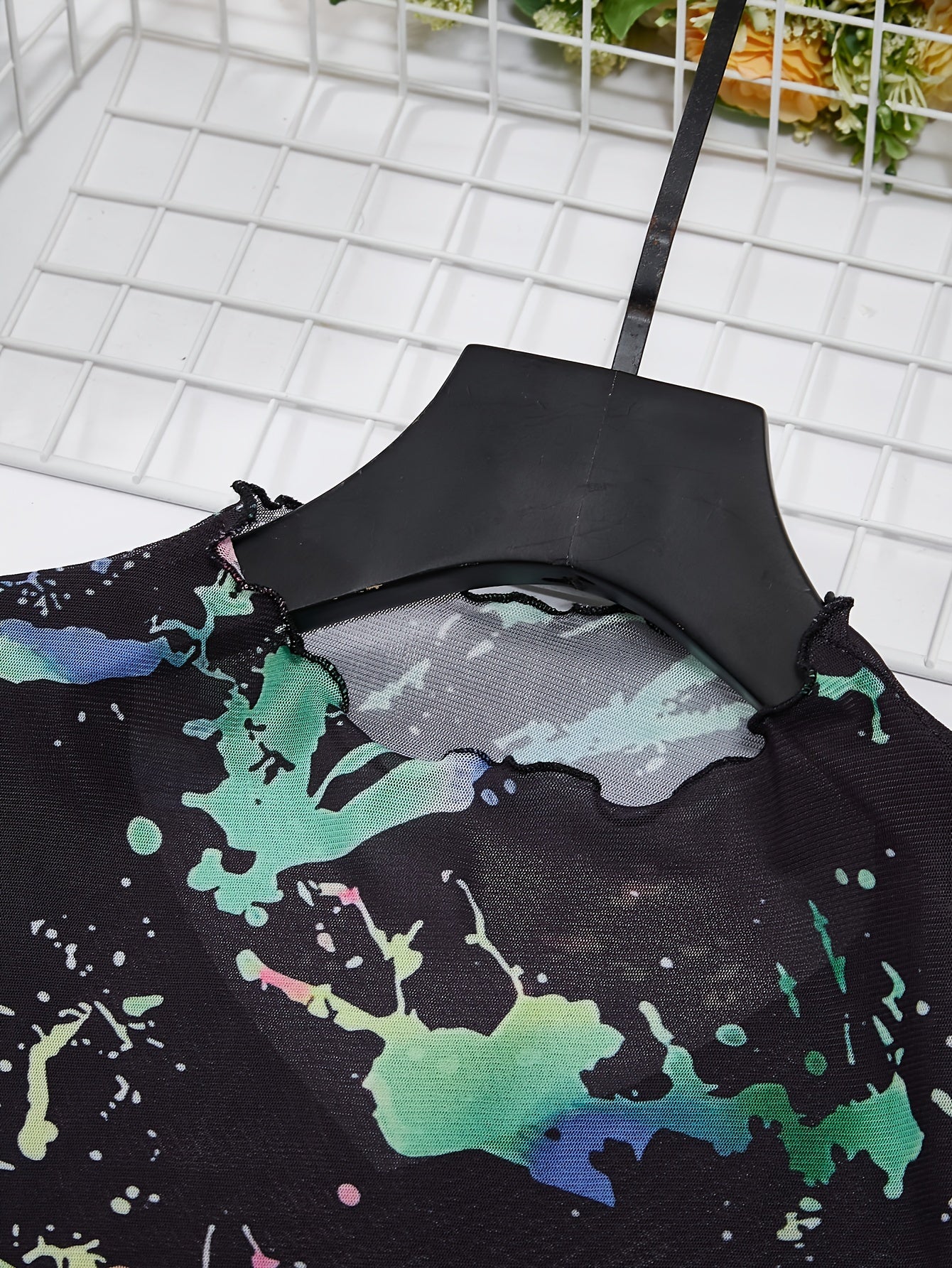 Colorful Print Mock Neck T-shirt, Y2K Short Sleeve Lettuce Trim Crop Semi-sheer Top For Spring & Summer, Women's Clothing