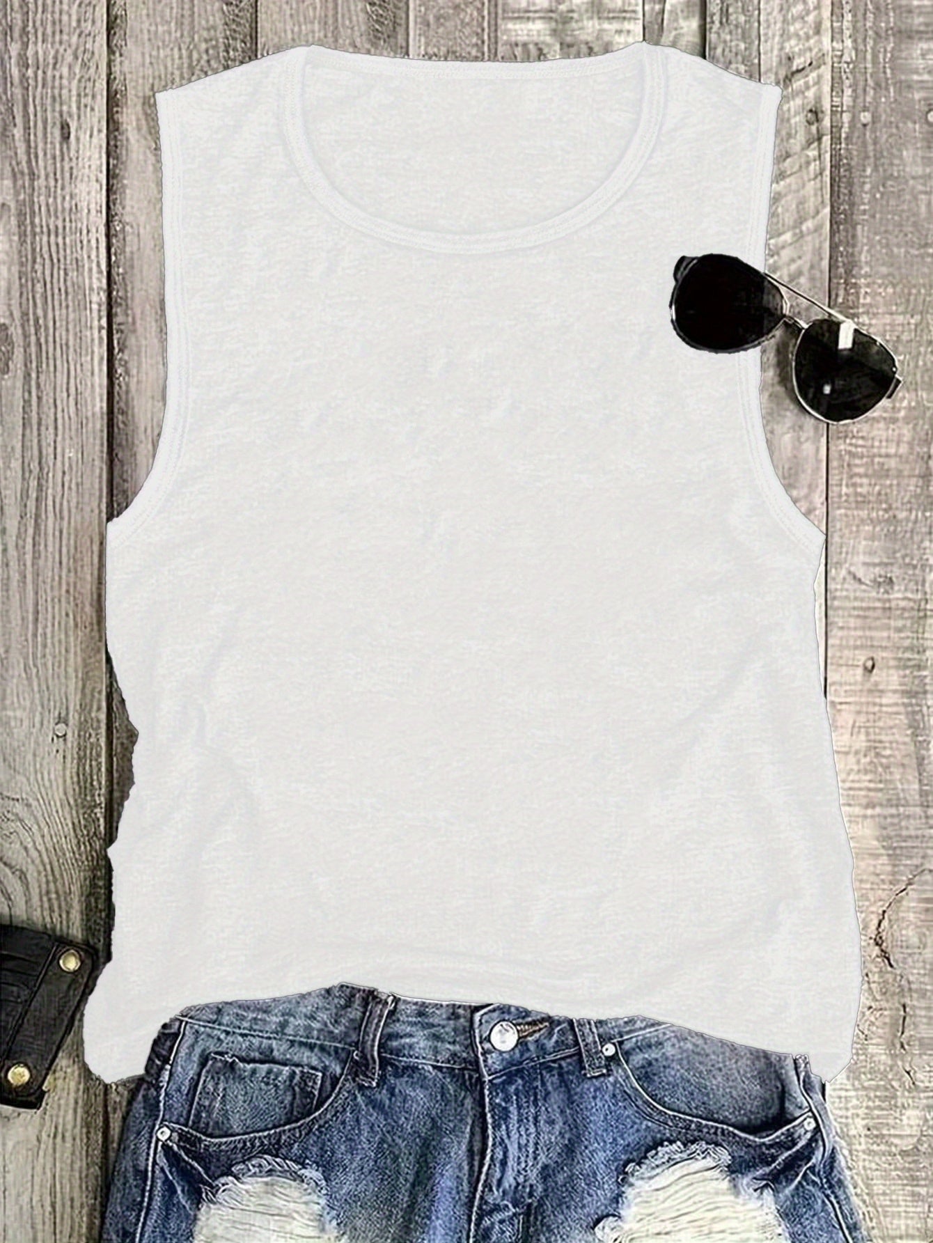 Western Style Denim Printed 160G Women'S Casual Round Neck Vest, Spring And Summer Women'S Vest, Simple Design, Machine Washable, Surprise Gift for Valentine'S Day, New Year And Other Holiday Atmospheres