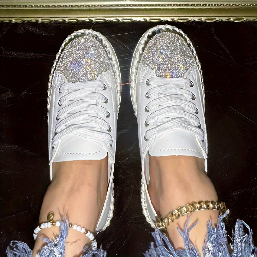 Glittering Rhinestone Women's Sneakers, Fashionable Platform Casual Shoes, Comfortable Versatile White Lace-up Flats Plus Size