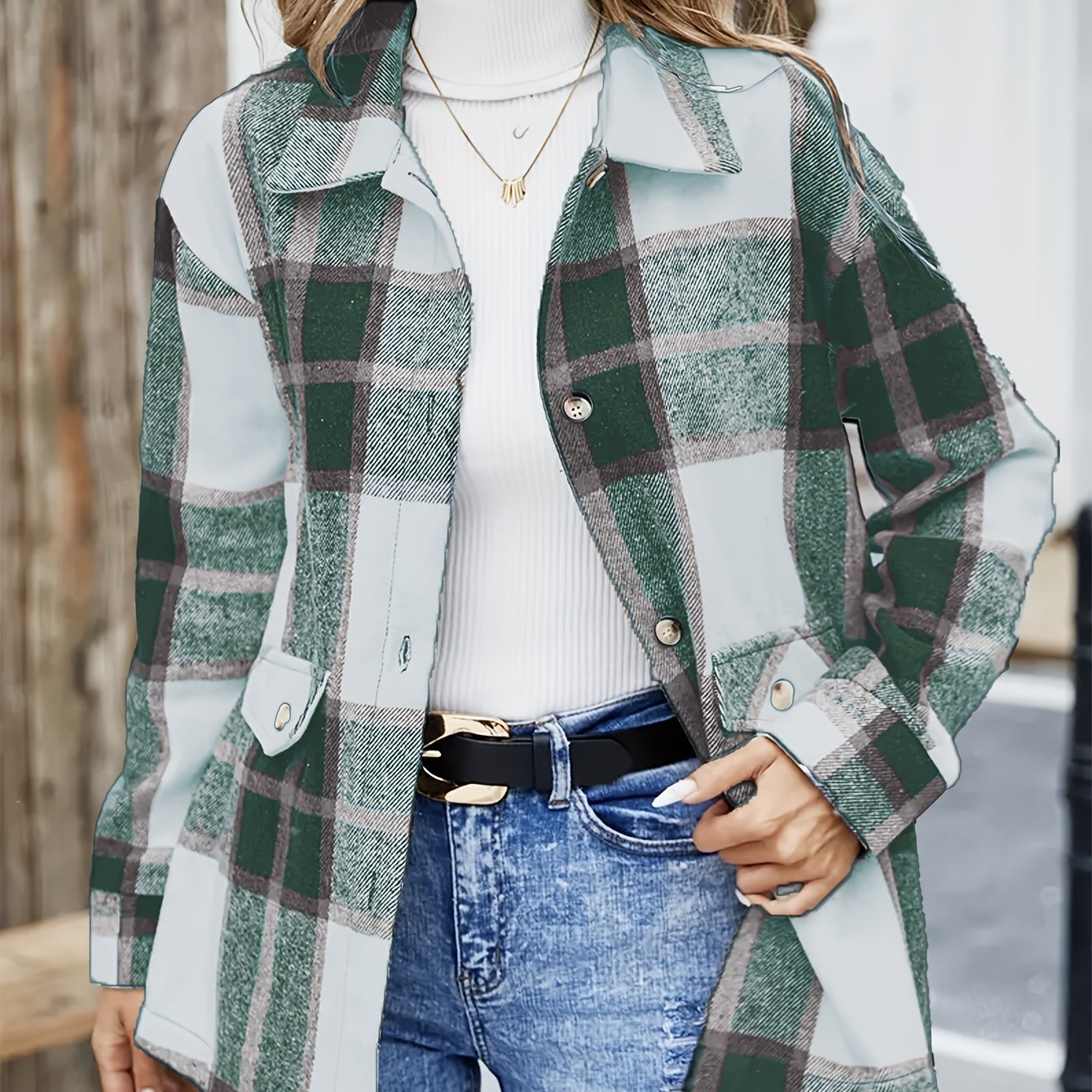 Elegant Plaid Long Sleeve Shirt, Women'S Blue, Polyester, Lapel Collar, Woven, 120gsm, for Spring/Summer
