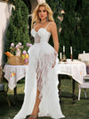 Tulle Prom Dresses for Women, Glitter Lace A Line High-Low Ruffled, Corset Party White Tulle Gown with Slit