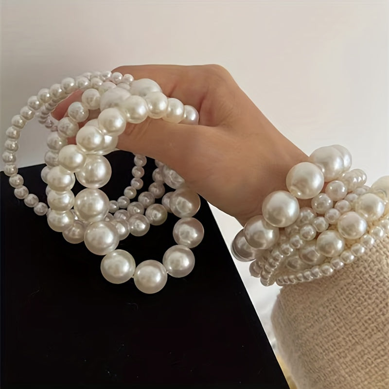 5pcs Elegant French-Inspired Acrylic Faux Pearl Bracelet Set - Vintage Chic Multi-Layer Beaded Stacking Wrist Jewelry, Ideal for Daily Wear & Gifting
