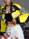 Women's Casual Letter & Checkered Print Long Sleeve Jacket - Stylish Blue & Black Zip-Up Crop Top with "44" Graphic, Perfect for Motorcycle Rides and Trendy Outfits