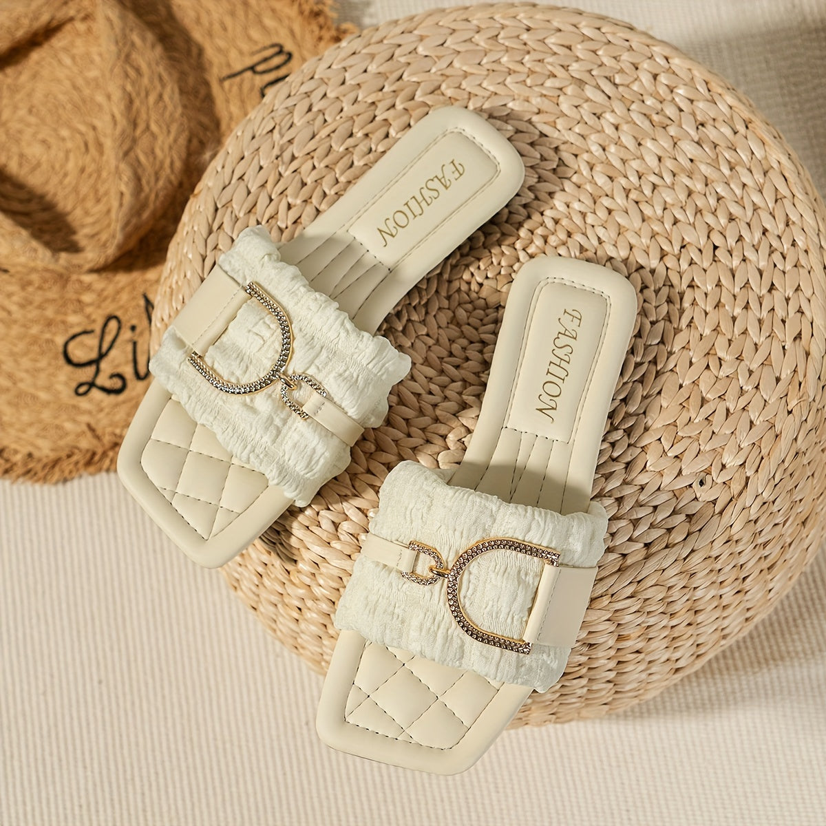 Women's Stylish Slide Sandals with Metallic Buckle - Comfortable Flat Open-Toe Slippers, Non-Slip Rubber Sole, Elegant Summer Fashion Shoes for Casual Outfits, Black & Green Options, Summer Footwear | Stylish Buckle Design |