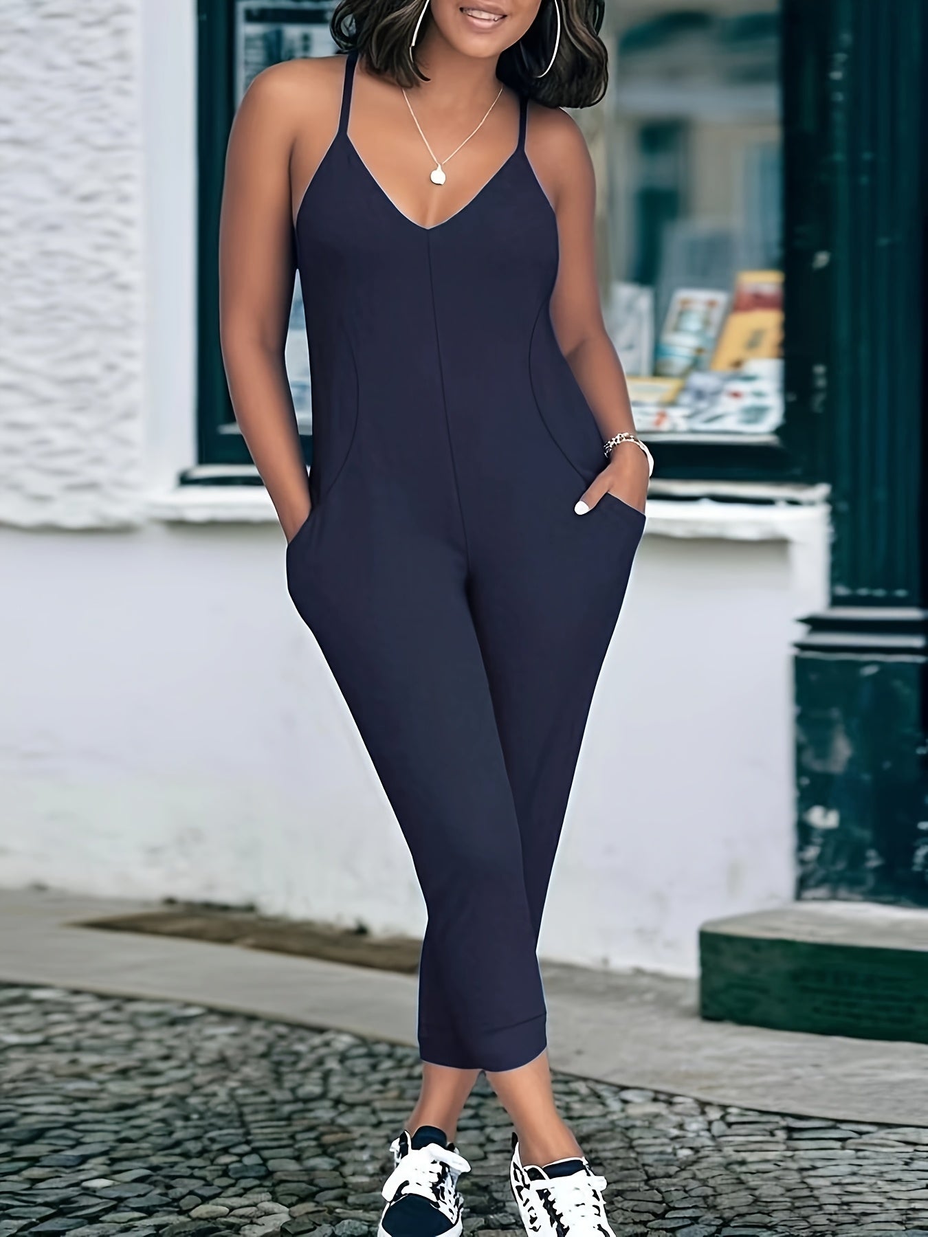 Solid Color Stylish Casual Pocket Jumpsuit
