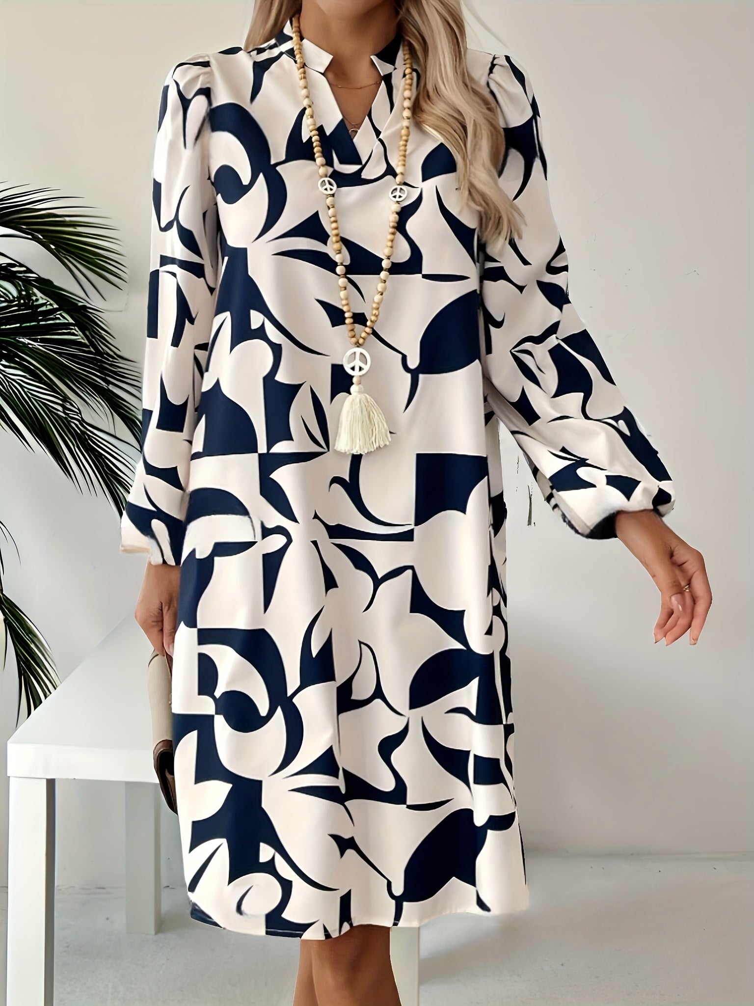 Elegant Women'S Long Sleeve Geometric Print Dress - 100% Polyester Cardigan Collar Midi - Patchwork Design Shirt Dress for Spring/Fall