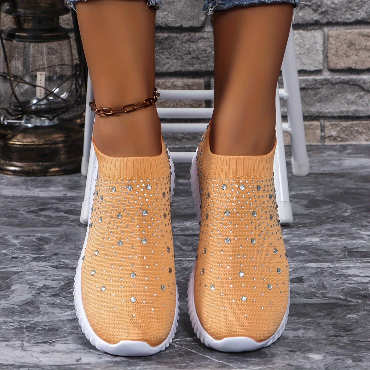 Women's Walking Sneakers With Rhinestone Decor, Breathable Fabric Casual Shoes, Comfortable Athletic Camp Shoes, Slip-on Trainer Footwear With Chunky Sole