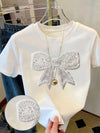 Women'S Casual Crew Neck T-Shirt with Sparkling Bow Print - Short Sleeve, White, All-Season, Casual Wear|Sparkling Detail Top|Butterfly Print Top, Butterfly Print Top