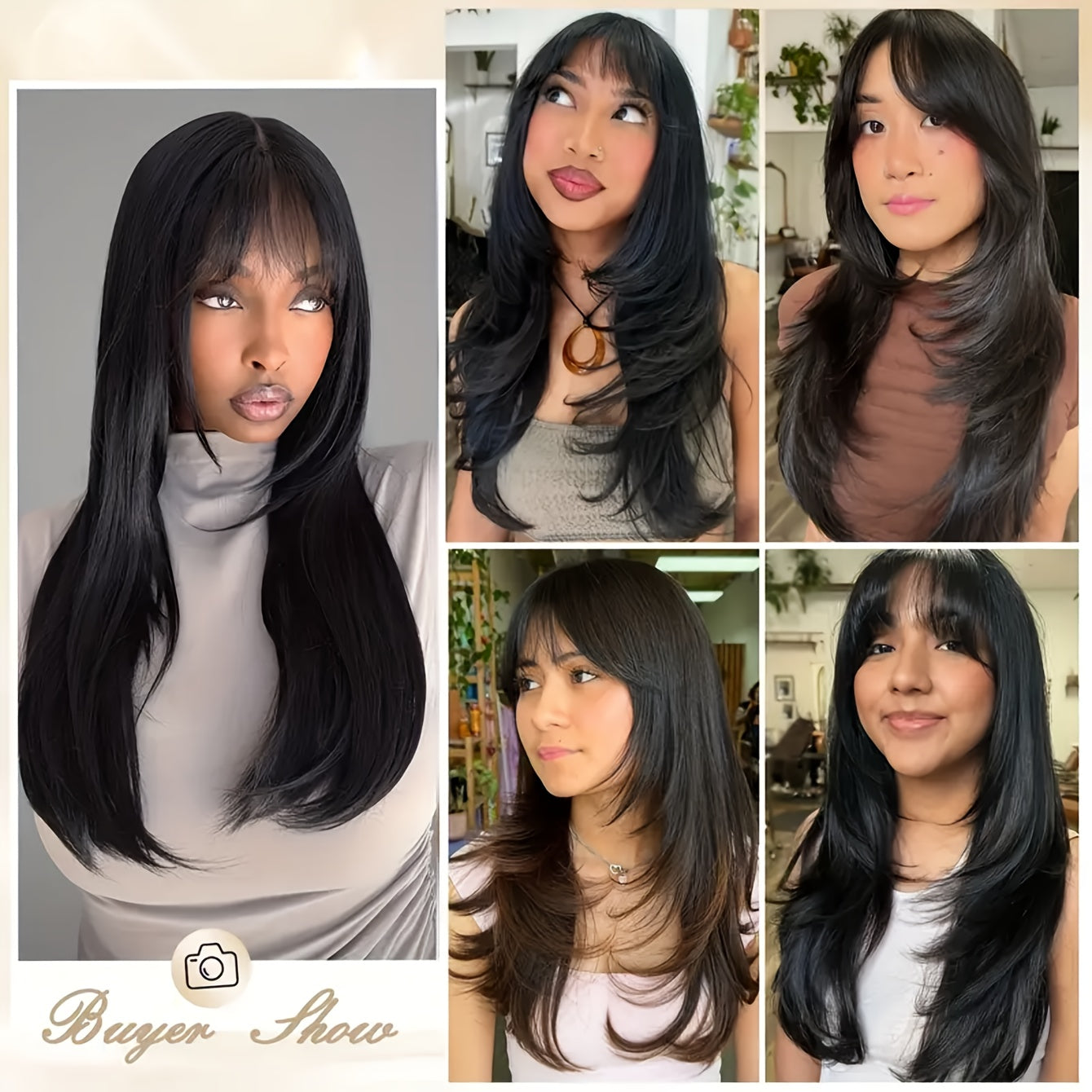 26" Long Straight Layered Wig with Bangs - Natural Black Synthetic Hair, Glueless Put-On Style, High-Temperature Fiber, Pixie Cut for Women, Perfect for Casual Attire
