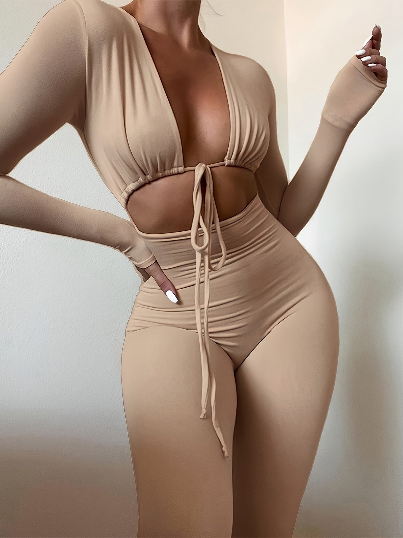 Y2K Chic Ruched Long Sleeve Tie Front Cut Out Slim Jumpsuit - Bodycon, Solid Color, Everyday Wear, Comfortable, Flattering, Women's Clothing for Casual Occasions