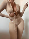 Y2K Chic Ruched Long Sleeve Tie Front Cut Out Slim Jumpsuit - Bodycon, Solid Color, Everyday Wear, Comfortable, Flattering, Women's Clothing for Casual Occasions