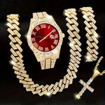 4pcs, Men's Watch Necklace Bracelet Set, Myer Cuban Rhinestone Necklace Bracelet Set, Men's Watch Gift Set