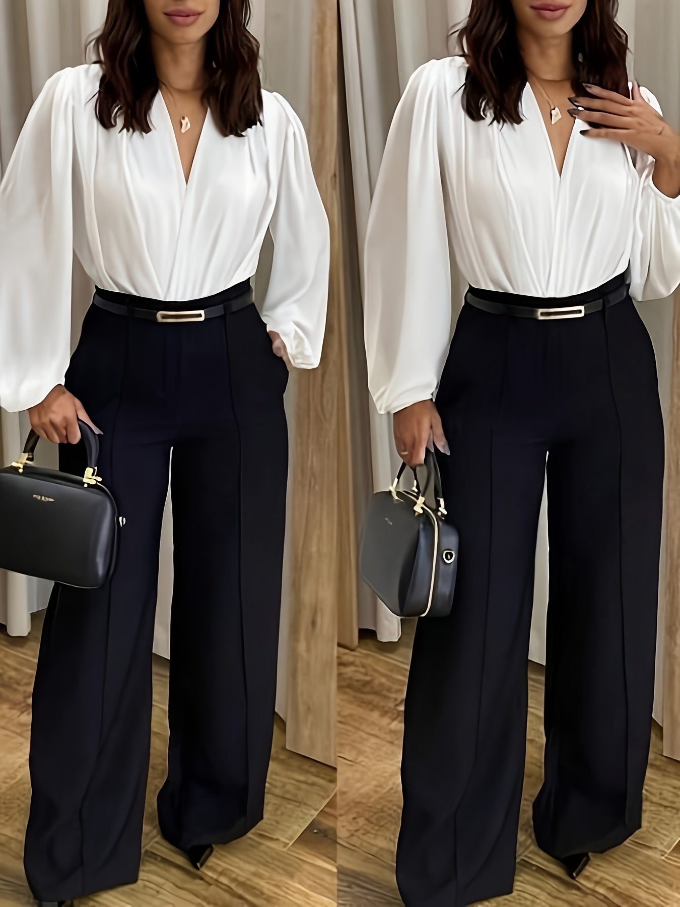 Women's Elegant Black Straight-Leg Pants with Golden Belt & Ruffle Detail - High-Waisted, Machine Washable, Polyester Blend for Spring/Fall, Formal Attire Pants | Waisted Belt Pants | Woven Fabric