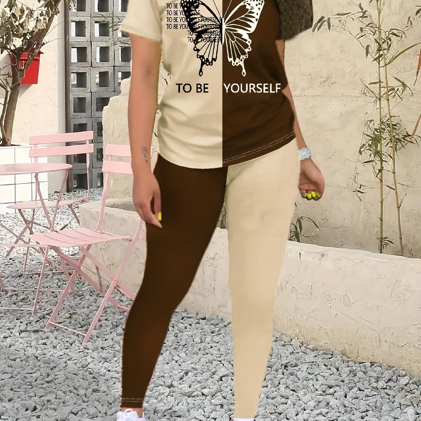 Color Block Matching Two-piece Set, Casual Short Sleeve T-shirt & Skinny Leggings Outfits, Women's Clothing