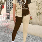 Color Block Matching Two-piece Set, Casual Short Sleeve T-shirt & Skinny Leggings Outfits, Women's Clothing