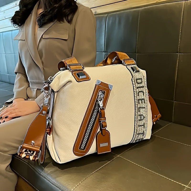 Elegant Retro Faux Leather Handbag for Women - Large Capacity Crossbody Bag with Adjustable Strap, Zip Closure, and Stylish Contrast Detailing in Black & White