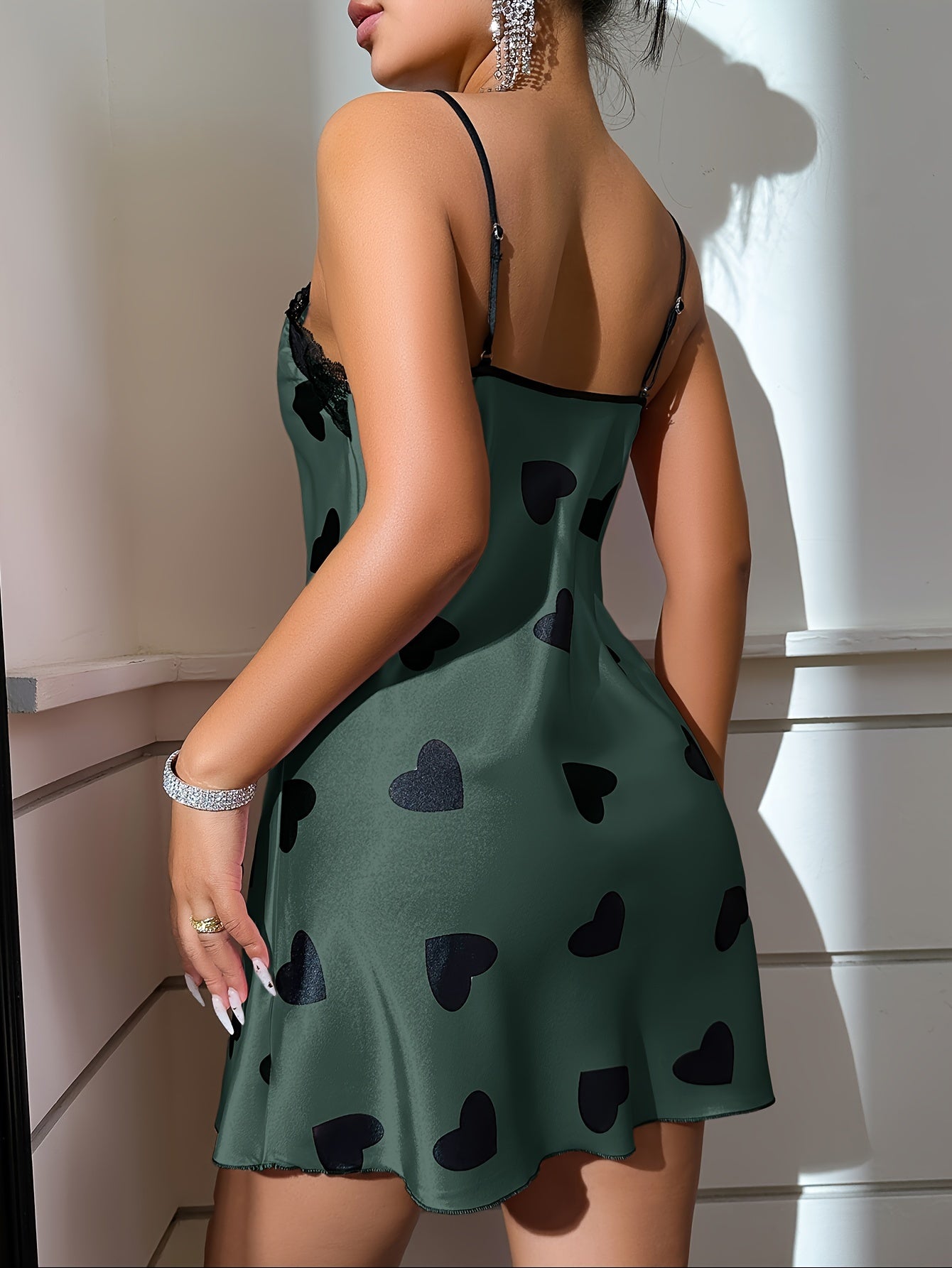 Sexy Heart Print Lace Trim V Neck Backless Slip Nightdress - Micro Elastic Polyester Sleep Mini Dress for Women - Machine Washable, All-Season, Random Printing, Woven
