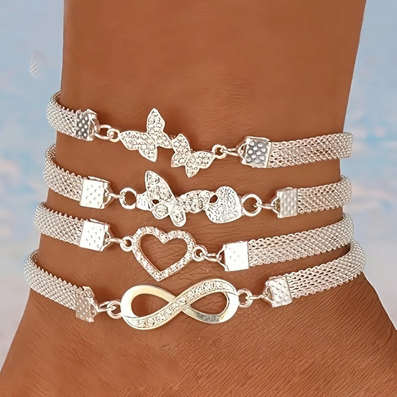 Set of 4- Elegant And Shiny Stackable Ankle Chains, Synthetic Zirconia Ankle Chains Plated with Butterflies And Hearts, Multifunctional Daily Jewelry Gifts