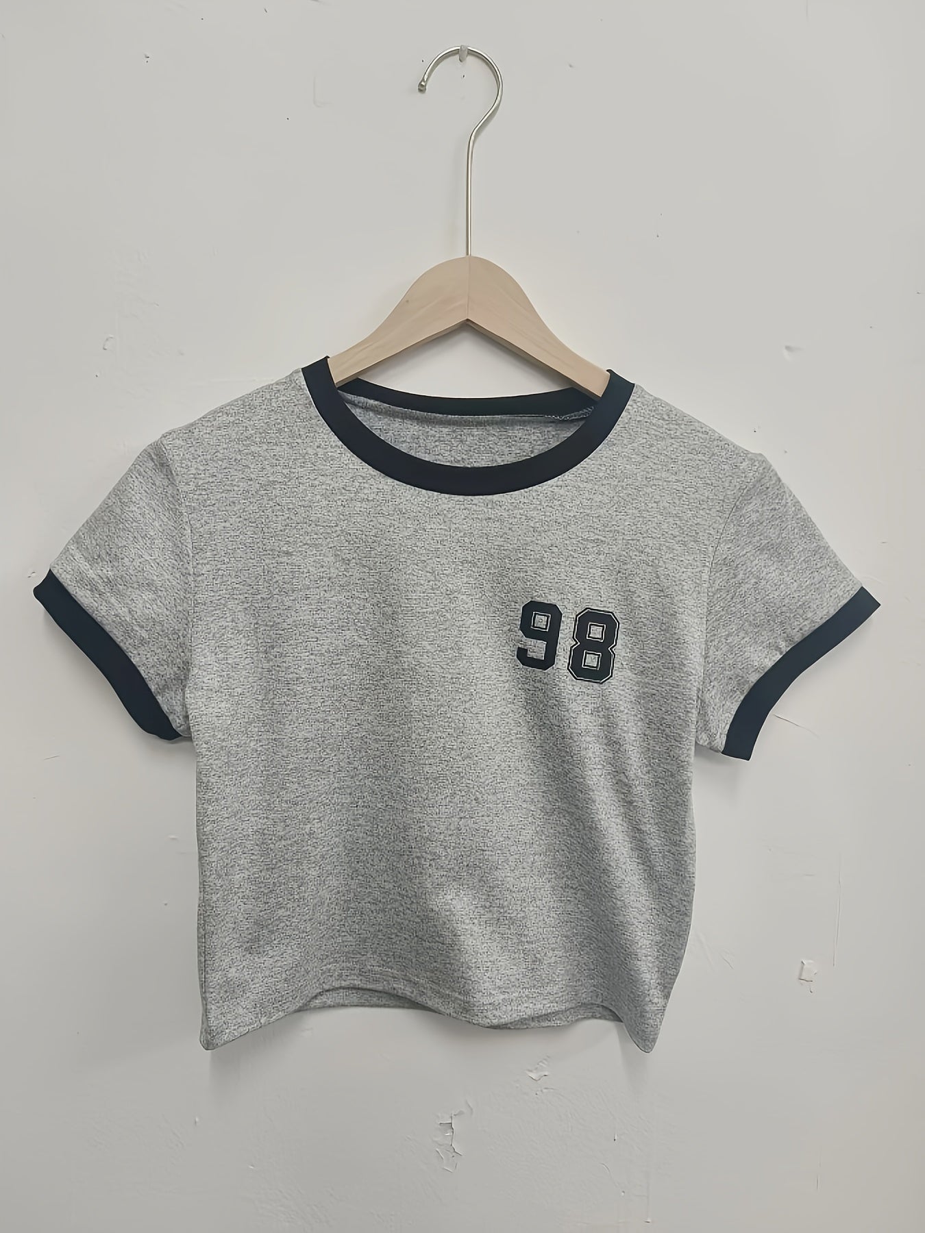 Women'S Casual Black T-Shirt with "98" Print - Short Sleeve, Round Neck, Soft & Stretchy Fabric, Perfect for Spring/Summer/Fall, Casual Attire|Bold Number Print|Medium Stretch Fabric, Ladies T Shirts