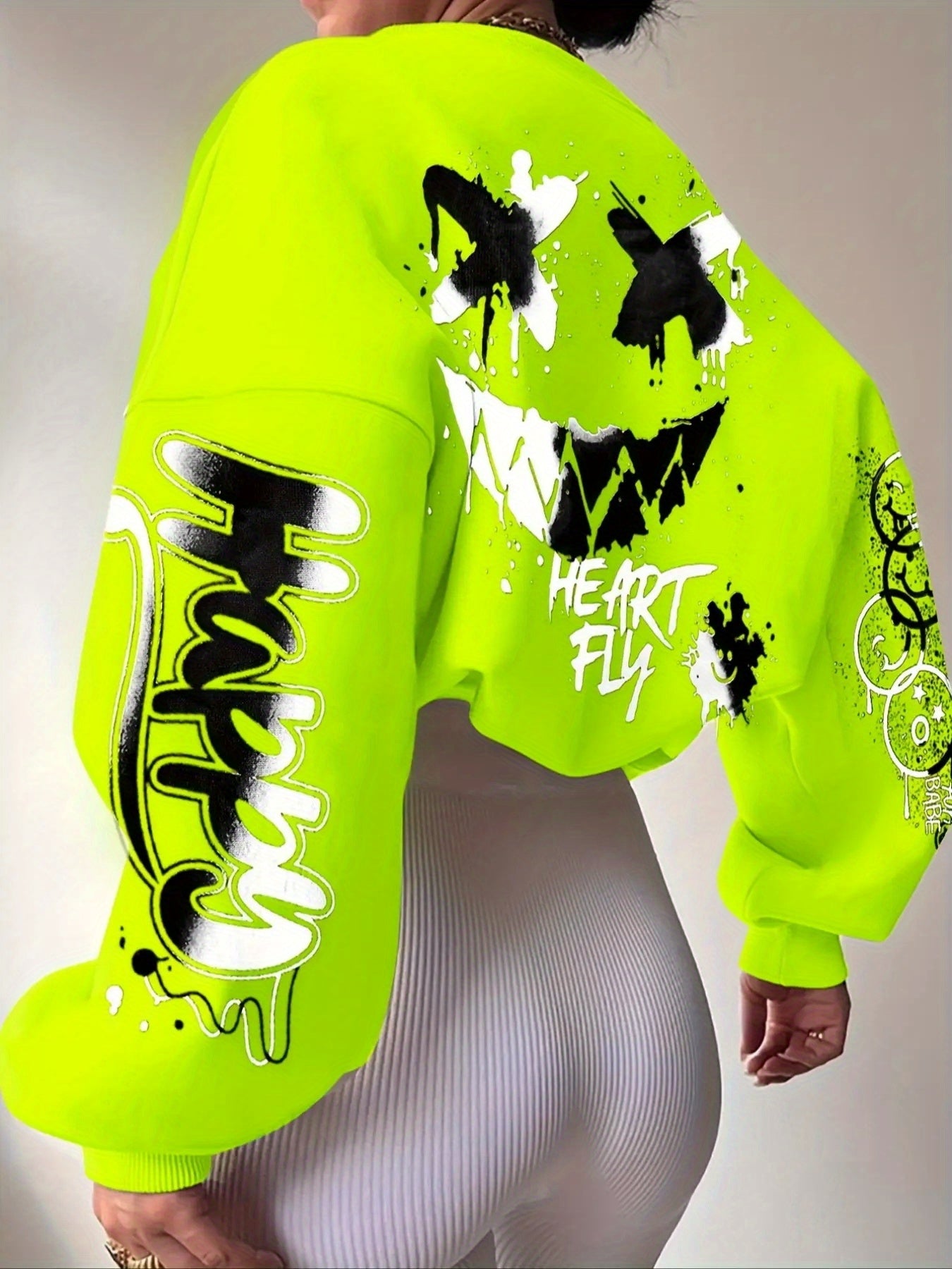 Women's Vibrant Neon Green Graffiti Print Sweatshirt -"HAPPY" & Heart Graphic, Long Sleeve, Lightweight Polyester Blend, Machine Washable, Style