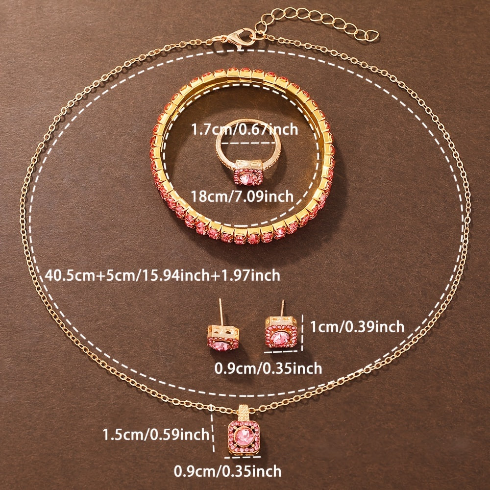 6-Piece Elegant Quartz Wristwatch and Jewelry Set with Round Rhinestone Case, Non-, Zinc Alloy Strap, Classic Simple Dial – Includes Matching Bracelet, Necklace, Earrings, Ring for Special Occasions (Valentine's Day, Easter