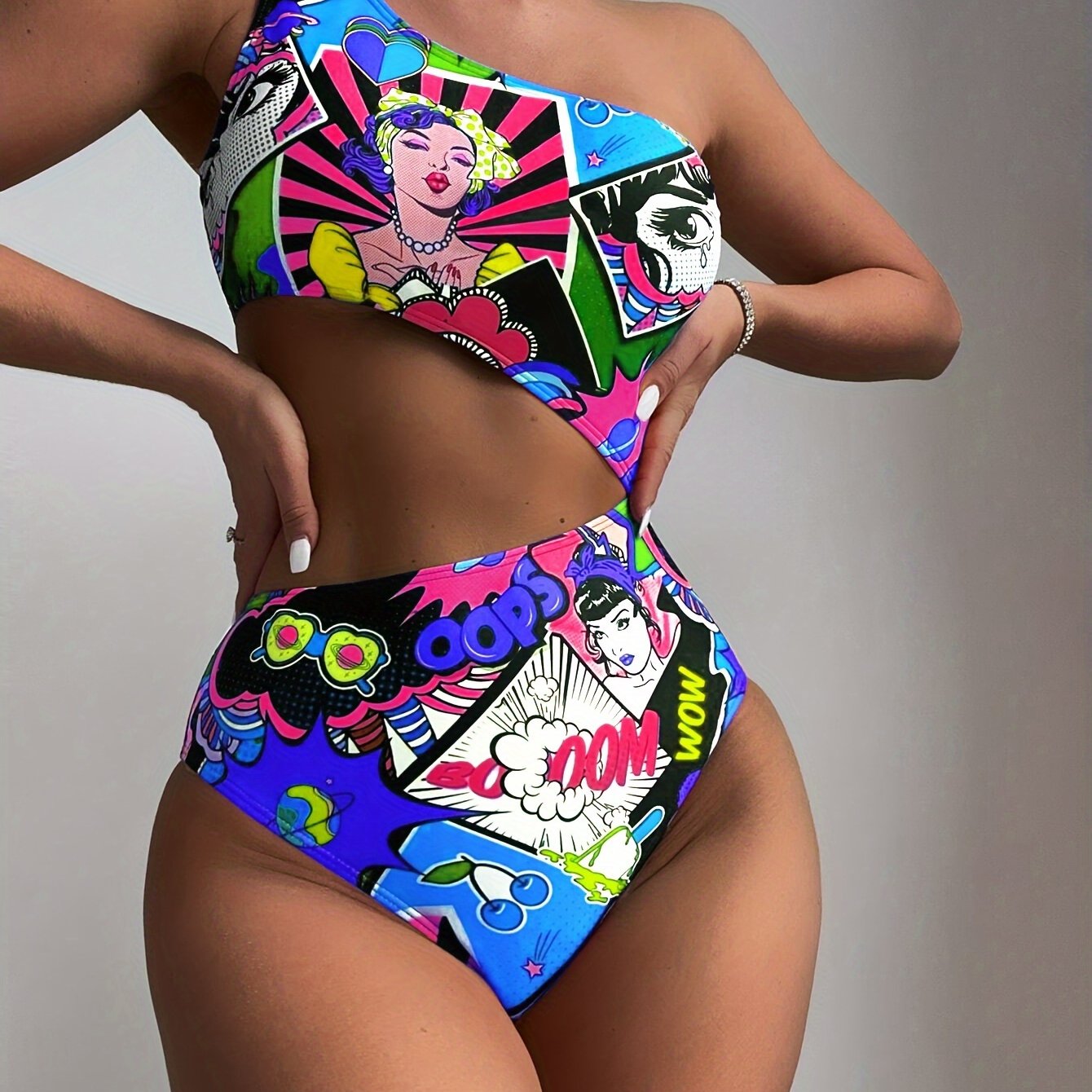 High-Stretch Womens One-piece Swimsuit - Fun Cartoon Comic Prints & Asymmetric Pop Art Design, Unique Cut Out Bathing Suit for a Fashion-Forward Look