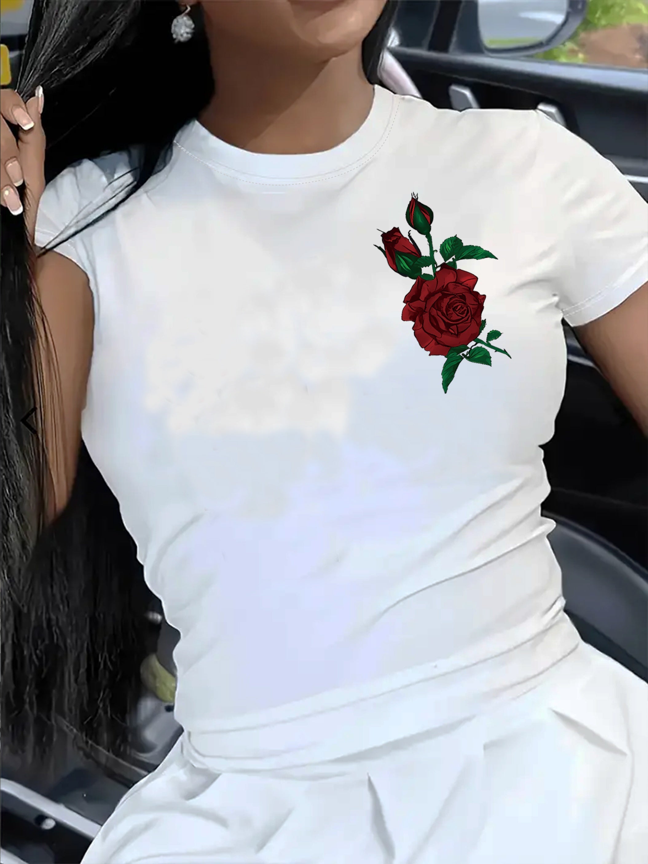 Vibrant Rose Print Short Sleeve Crew Neck T-Shirt - Soft, Breathable, Relaxed Fit, Casual Summer & Spring Top for Women - Perfect for Outdoor Activities, Daily Wear, and Gift Idea