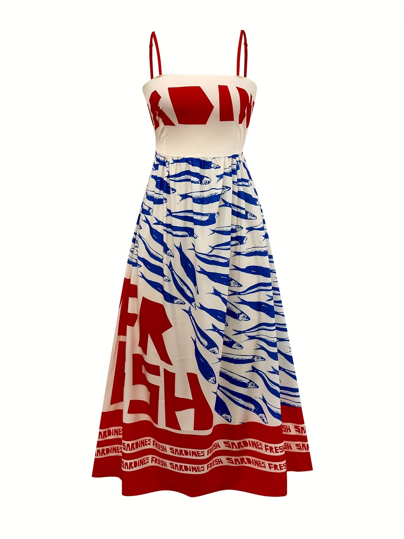 Elegant Summer Women'S Red Letter Print Contrast Color Cami Maxi Dress with Petticoat and Side Slit - Sleeveless, Alphabet Pattern, Perfect for Casual Attire, Summer Dress