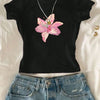 Flower Printed Crew Neck T-Shirt, 100% Casual Fit Women'S T-Shirt Top, Summer And Spring Fashion