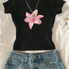 Flower Printed Crew Neck T-Shirt, 100% Casual Fit Women'S T-Shirt Top, Summer And Spring Fashion