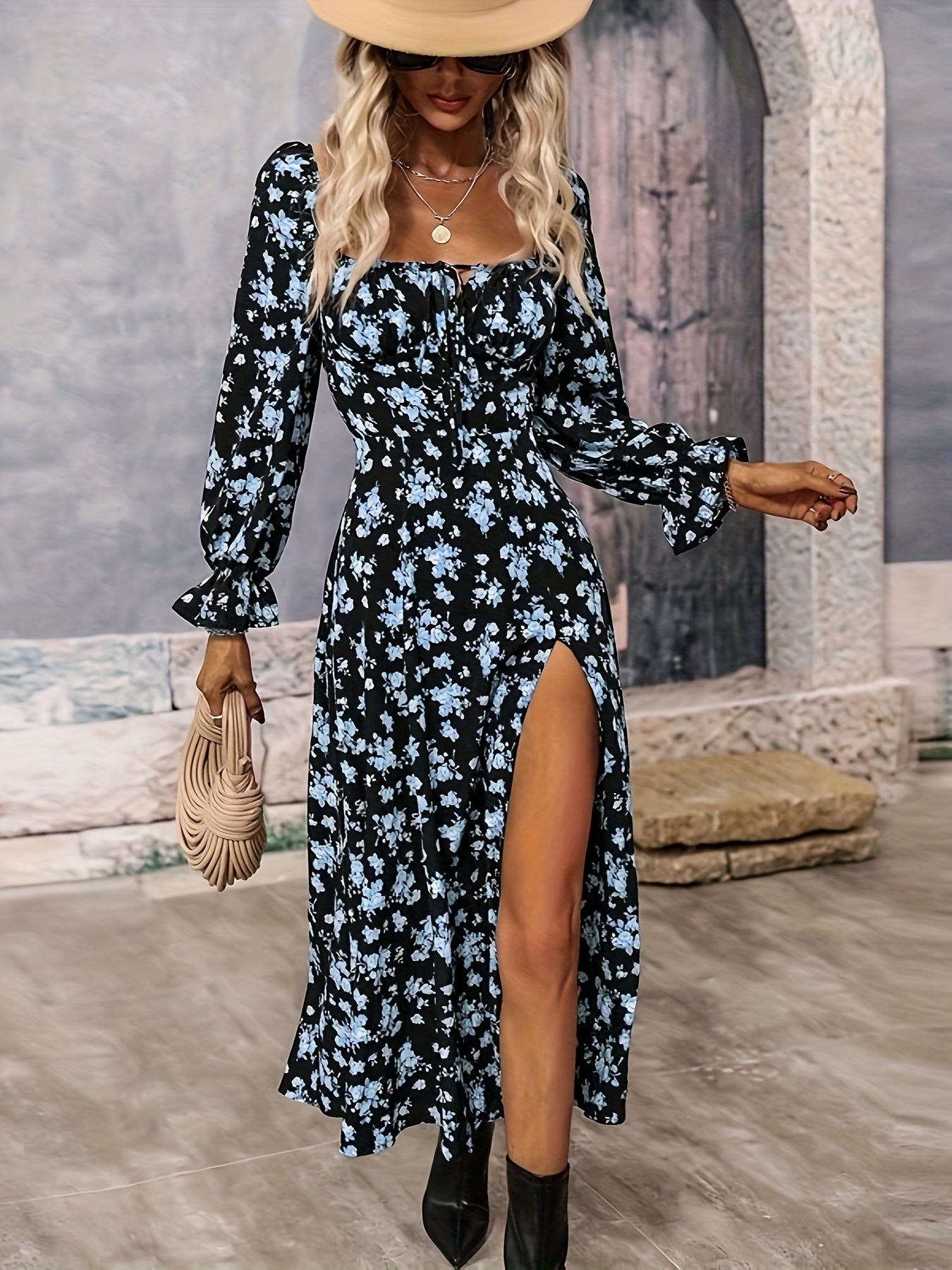 Floral Print Ruffle Hem Dress, Elegant Square Neck Long Sleeve Split Dress For Spring & Fall, Women's Clothing